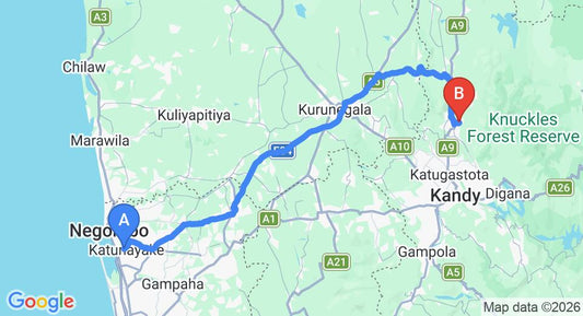 Driving route map: Colombo Airport (CMB) to Spice Garden - Matale, Matale (127 km, approx 3 h 2 min private transfer)