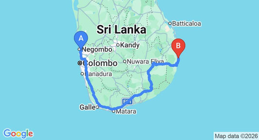 Driving route map: Colombo Airport (CMB) to Lily Beach Cabanas, Pottuvil (433 km, approx 6 h 43 min private transfer)