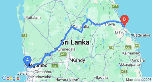 Driving route map: Colombo Airport (CMB) to Karpaha Sands, Kalkudah (269 km, approx 5 h 30 min private transfer)