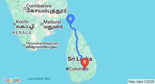 Driving route map: Jaffna (JAF) Airport to Ella (417 km, approx 8 h 37 min private transfer)