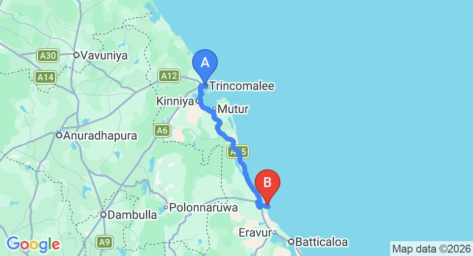 Driving route map: Trincomalee to Pasikuda (109 km, approx 2 h 13 min private transfer)