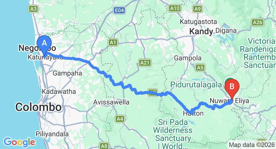 Driving route map: Colombo Airport (CMB) to The Firs, Nuwara Eliya (155 km, approx 4 h 46 min private transfer)