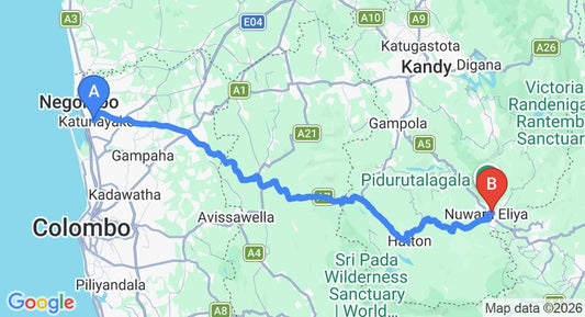 Driving route map: Colombo Airport (CMB) to The Firs, Nuwara Eliya (155 km, approx 4 h 46 min private transfer)