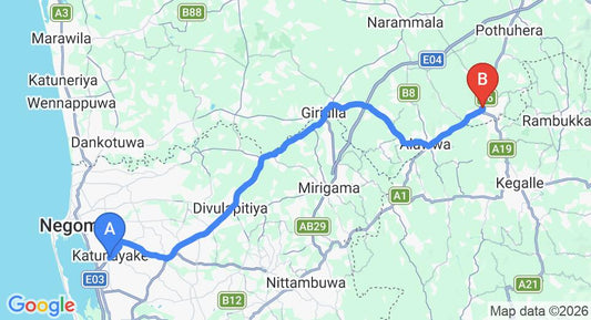Driving route map: Colombo Airport (CMB) to Polgahawela (62 km, approx 1 h 40 min private transfer)