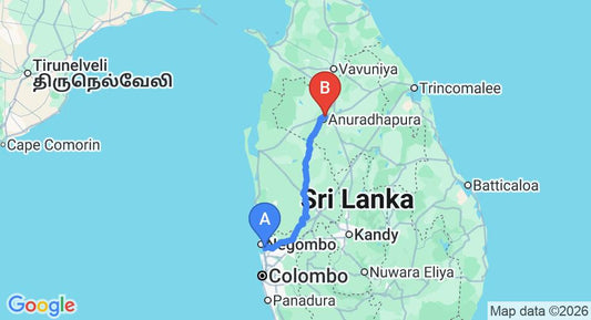 Driving route map: Colombo Airport (CMB) to Rajarata Hotel Anuradhapura, Anuradhapura (176 km, approx 3 h 49 min private transfer)