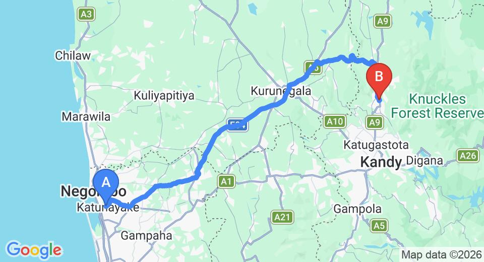 Driving route map: Colombo Airport (CMB) to The Grand Mountain Hotel, Matale (125 km, approx 2 h 57 min private transfer)