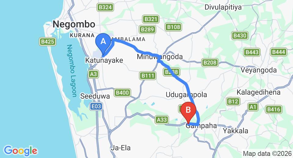 Driving route map: Colombo Airport (CMB) to Akaravita (21 km, approx 41 min private transfer)