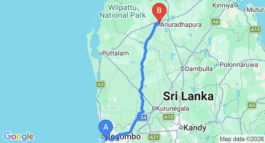 Driving route map: Colombo Airport (CMB) to Saubagya Inn, Anuradhapura (176 km, approx 3 h 48 min private transfer)