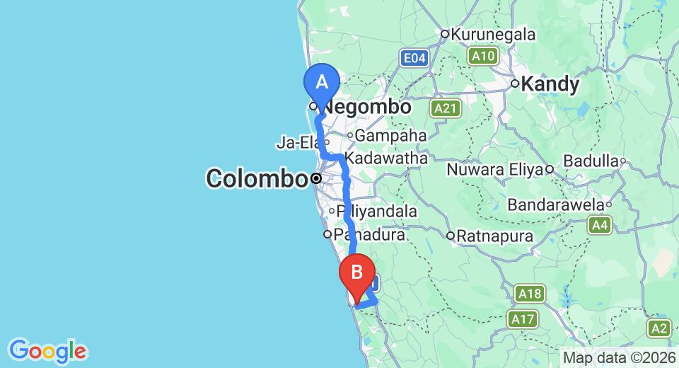 Driving route map: Colombo Airport (CMB) to Dalmanuta Gardens, Bentota (104 km, approx 1 h 32 min private transfer)