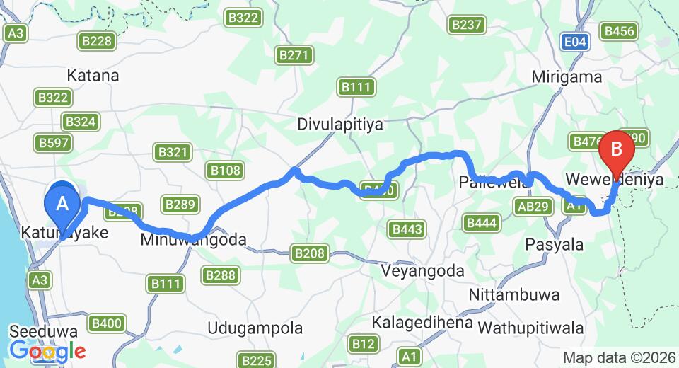 Driving route map: Colombo Airport (CMB) to Elephant Villa, Ambepussa (39 km, approx 1 h 9 min private transfer)