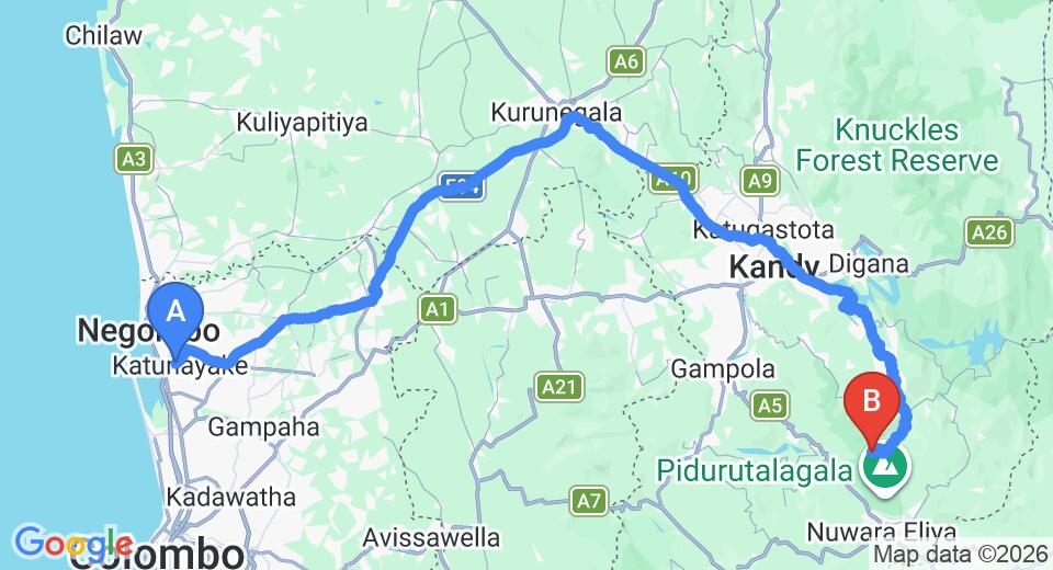 Driving route map: Colombo Airport (CMB) to Tea & Experience Factory, Mandaramnuwara (169 km, approx 4 h 46 min private transfer)