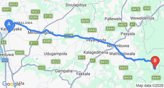 Driving route map: Colombo Airport (CMB) to Nikahetikanda (39 km, approx 1 h 19 min private transfer)