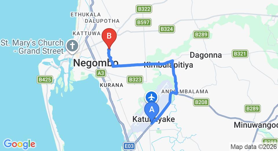 Driving route map: Colombo Airport (CMB) to Icebear Beach Guest House, Negombo (10 km, approx 23 min private transfer)