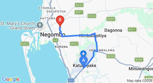 Driving route map: Colombo Airport (CMB) to Icebear Beach Guest House, Negombo (10 km, approx 23 min private transfer)
