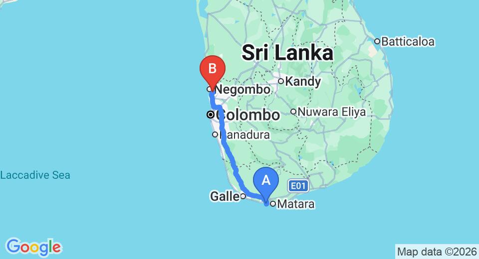 Driving route map: Mirissa to Colombo Airport (CMB) (176 km, approx 2 h 31 min private transfer)