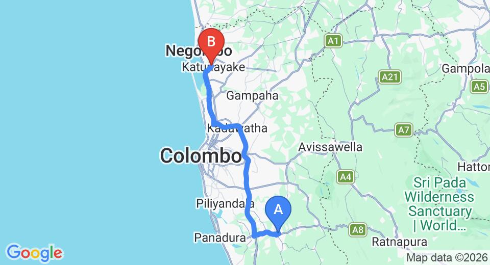 Driving route map: Horana to Colombo Airport (CMB) (70 km, approx 1 h 11 min private transfer)