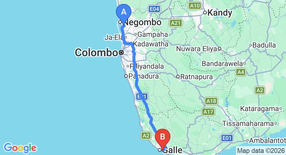 Driving route map: Colombo Airport (CMB) to Tarshush Beach Residence, Unawatuna (150 km, approx 2 h 4 min private transfer)