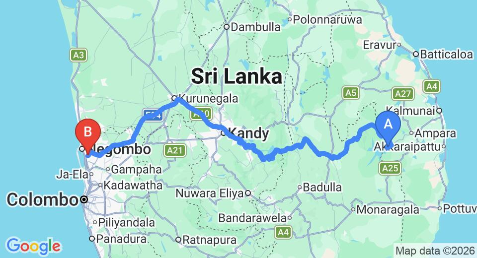 Driving route map: Inginiyagala to Colombo Airport (CMB) (291 km, approx 6 h 36 min private transfer)