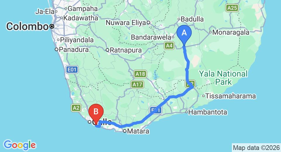 Driving route map: Wellawaya to Talpe (167 km, approx 2 h 39 min private transfer)