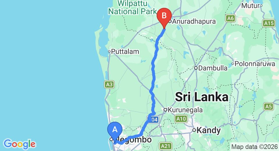 Driving route map: Colombo Airport (CMB) to Talawa (160 km, approx 3 h 26 min private transfer)