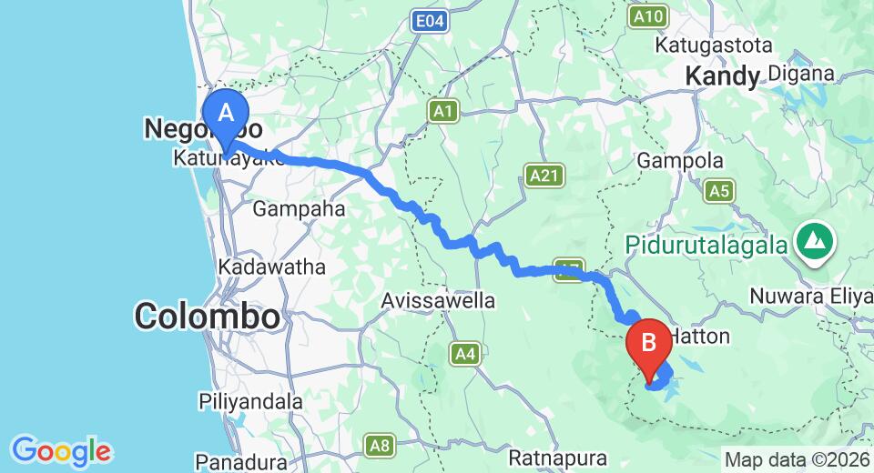 Driving route map: Colombo Airport (CMB) to Delhousie (131 km, approx 4 h 20 min private transfer)