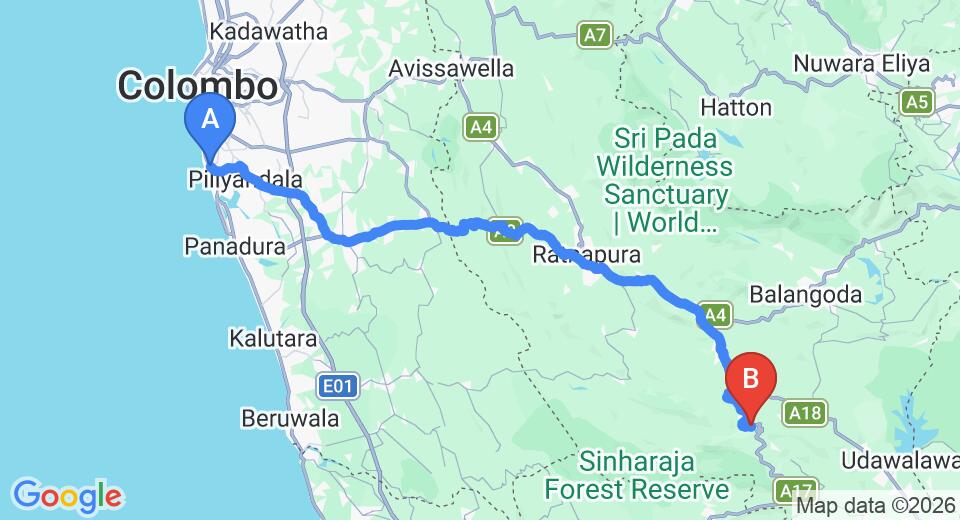 Driving route map: Ratmalana (RML) Airport to Rakwana (125 km, approx 3 h 35 min private transfer)