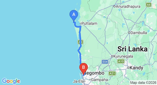 Driving route map: Alankuda to Colombo Airport (CMB) (120 km, approx 2 h 54 min private transfer)