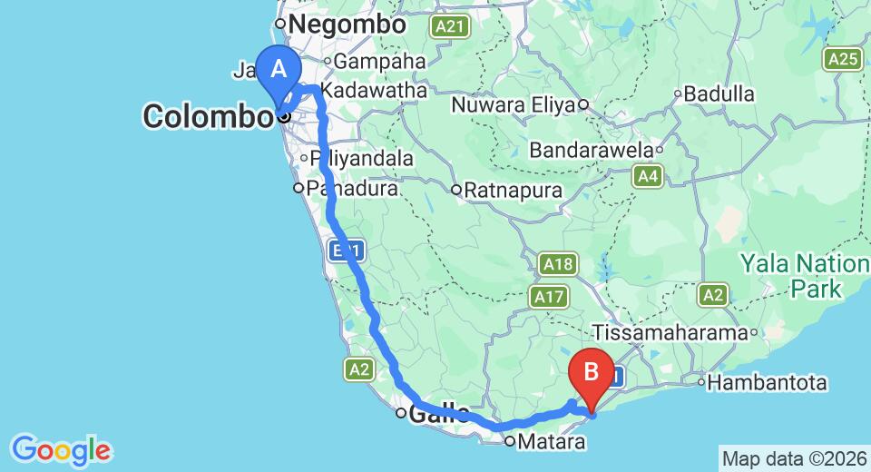 Driving route map: Colombo Seaport to Tangalle (206 km, approx 2 h 47 min private transfer)
