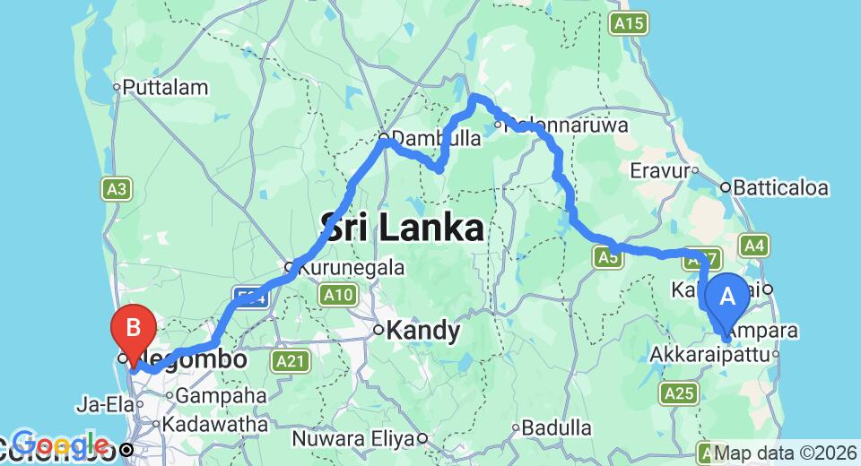 Driving route map: Gal Oya to Colombo Airport (CMB) (335 km, approx 6 h 43 min private transfer)