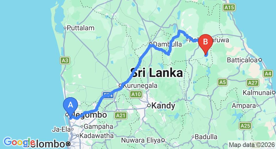 Driving route map: Colombo Airport (CMB) to Aralaganwila (231 km, approx 4 h 49 min private transfer)