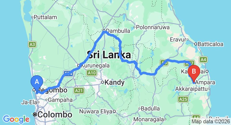 Driving route map: Colombo Airport (CMB) to Monty Hotel, Ampara (324 km, approx 6 h 29 min private transfer)