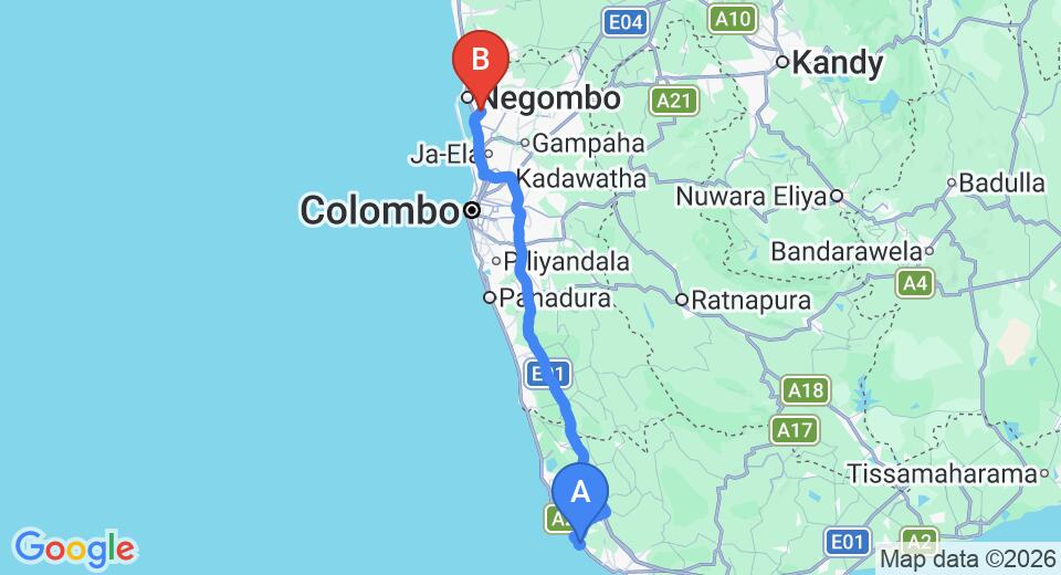 Driving route map: Dodanduwa to Colombo Airport (CMB) (144 km, approx 2 h 6 min private transfer)