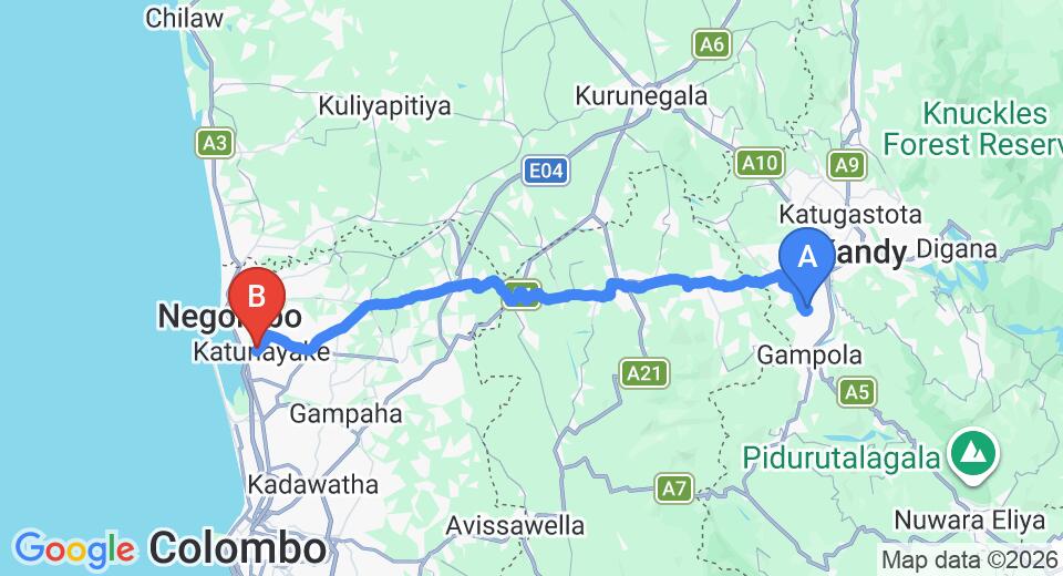 Driving route map: Embekke to Colombo Airport (CMB) (96 km, approx 2 h 49 min private transfer)