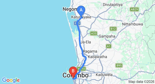 Driving route map: Colombo Airport (CMB) to Kollupitiya (35 km, approx 47 min private transfer)