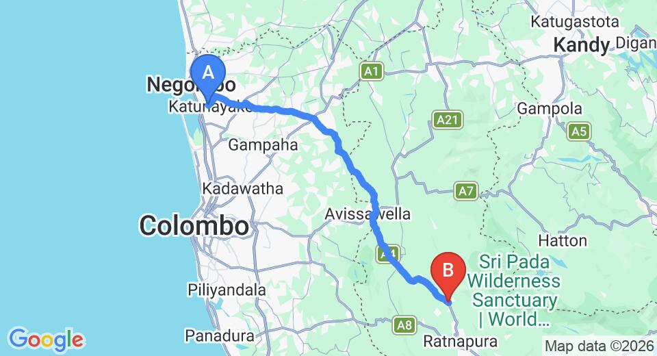 Driving route map: Colombo Airport (CMB) to Kuruwita (84 km, approx 2 h 24 min private transfer)