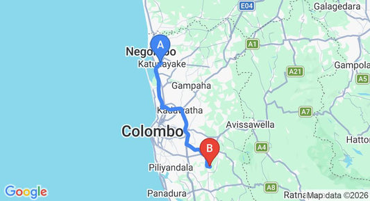 Driving route map: Colombo Airport (CMB) to Horagala (59 km, approx 1 h 13 min private transfer)