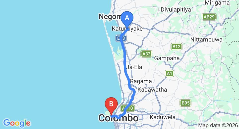 Driving route map: Colombo Airport (CMB) to The Kingsbury, Colombo (35 km, approx 45 min private transfer)