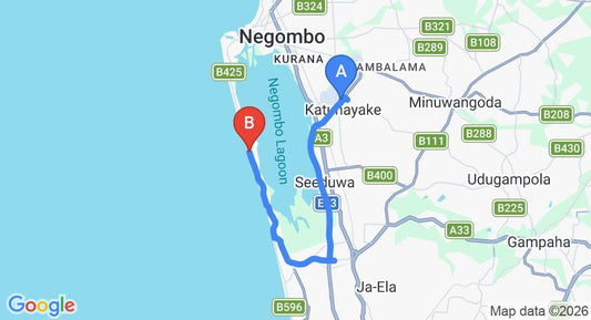 Driving route map: Colombo Airport (CMB) to Saketha Beach, Negombo (23 km, approx 34 min private transfer)