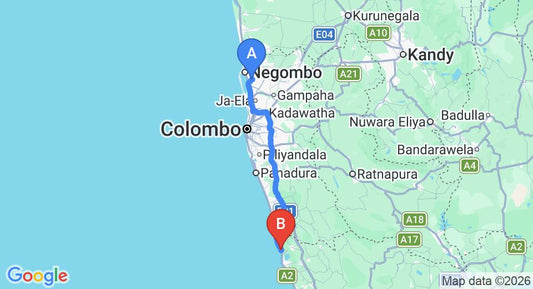 Driving route map: Colombo Airport (CMB) to Green Turtle Villa by Yoho, Kosgoda (119 km, approx 1 h 56 min private transfer)