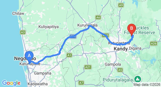 Driving route map: Colombo Airport (CMB) to Madulkelle Tea and Eco Lodge, Kandy (136 km, approx 3 h 51 min private transfer)