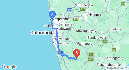 Driving route map: Colombo Airport (CMB) to Sinharaja Seyana Eco Lodge, Galle (147 km, approx 2 h 47 min private transfer)