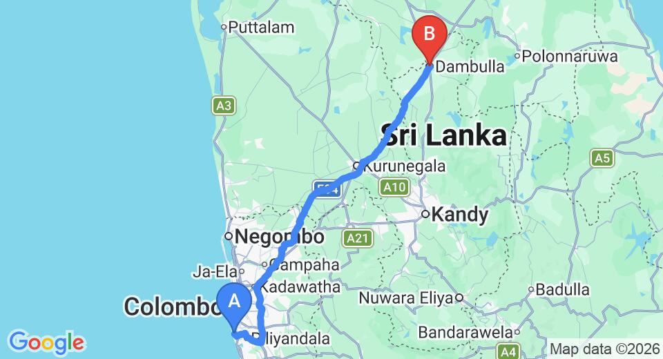 Driving route map: Ratmalana (RML) Airport to Dambulla (175 km, approx 3 h 44 min private transfer)