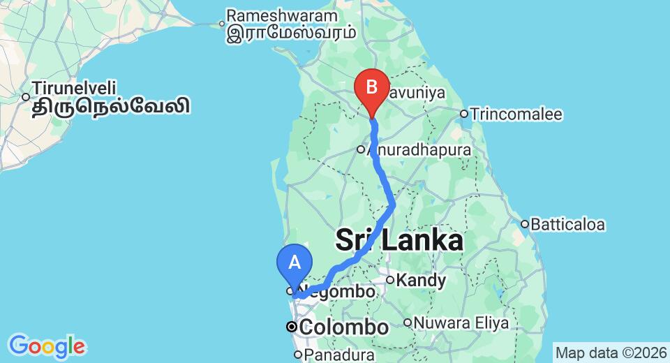 Driving route map: Colombo Airport (CMB) to Medawachchiya (209 km, approx 4 h 15 min private transfer)