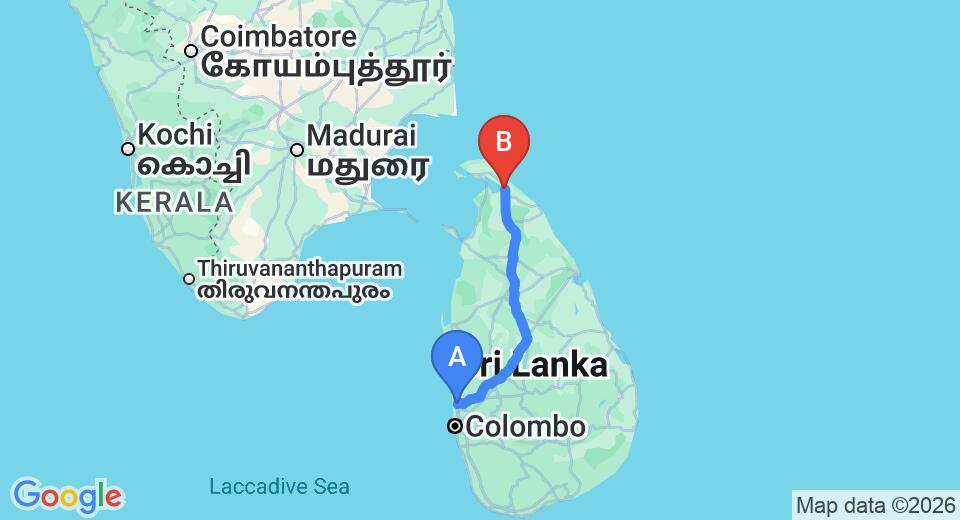 Driving route map: Colombo Airport (CMB) to Elephant Pass (323 km, approx 6 h 19 min private transfer)