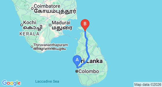 Driving route map: Colombo Airport (CMB) to Elephant Pass (323 km, approx 6 h 19 min private transfer)