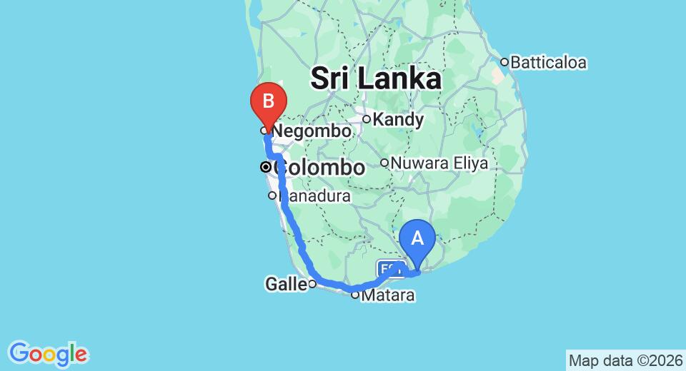 Driving route map: Ambalantota to Colombo Airport (CMB) (243 km, approx 3 h 12 min private transfer)