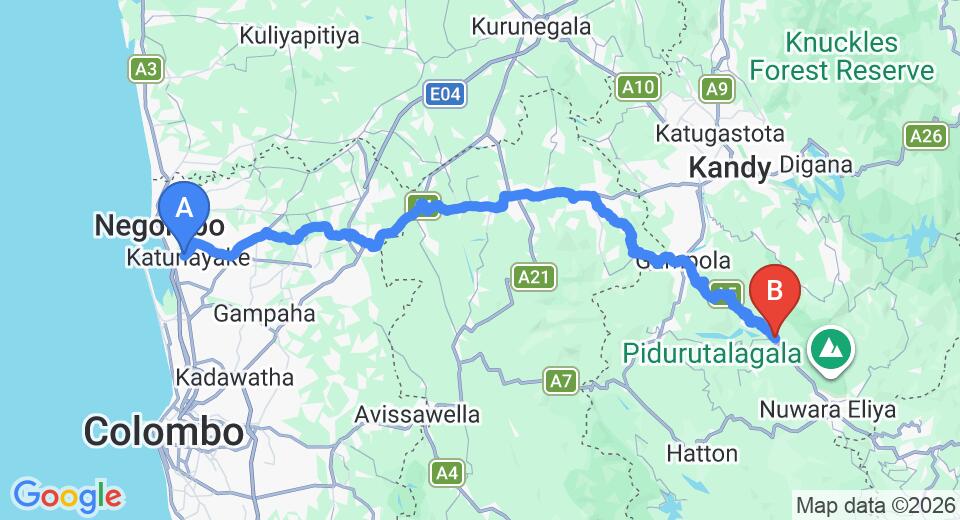 Driving route map: Colombo Airport (CMB) to Oak Ray Tea Bush, Ramboda (135 km, approx 4 h 5 min private transfer)