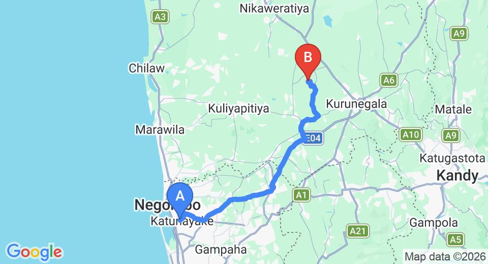 Driving route map: Colombo Airport (CMB) to Panadaragama (77 km, approx 1 h 52 min private transfer)