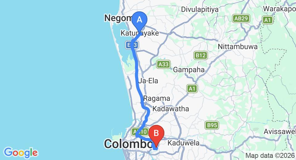 Driving route map: Colombo Airport (CMB) to Walpola (37 km, approx 48 min private transfer)