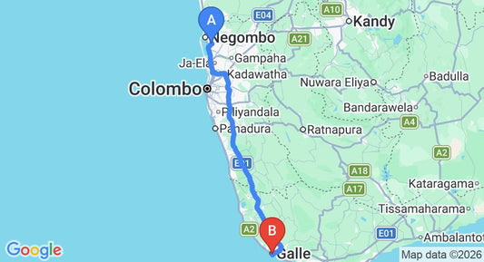 Driving route map: Colombo Airport (CMB) to Fortaleza Hotel, Galle (153 km, approx 2 h 12 min private transfer)